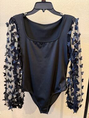 Black Butterfly Appliqué Sheer Sleeve Bodysuit